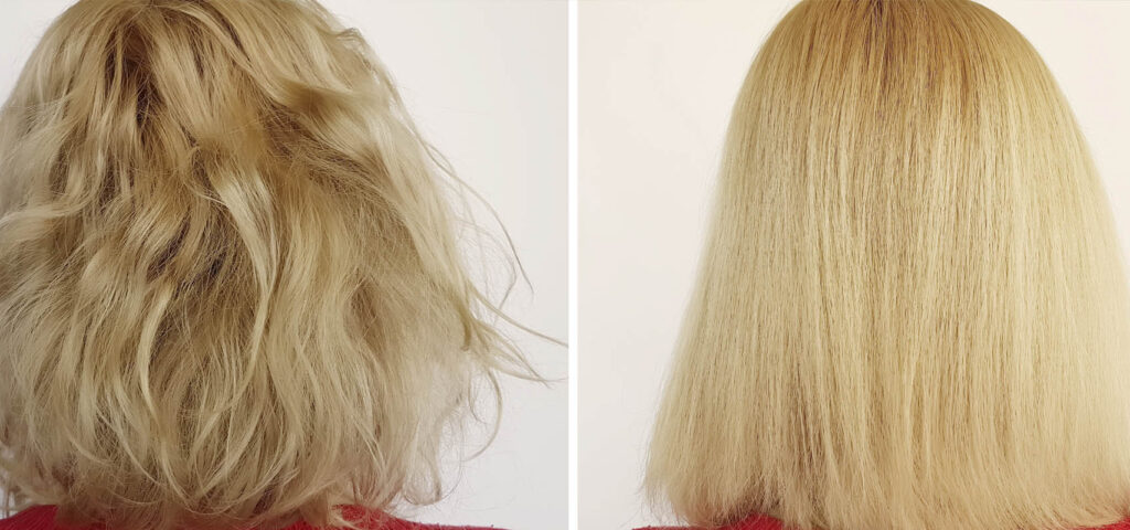porównanie efektów na włosach przed i po zastosowaniu botoksu