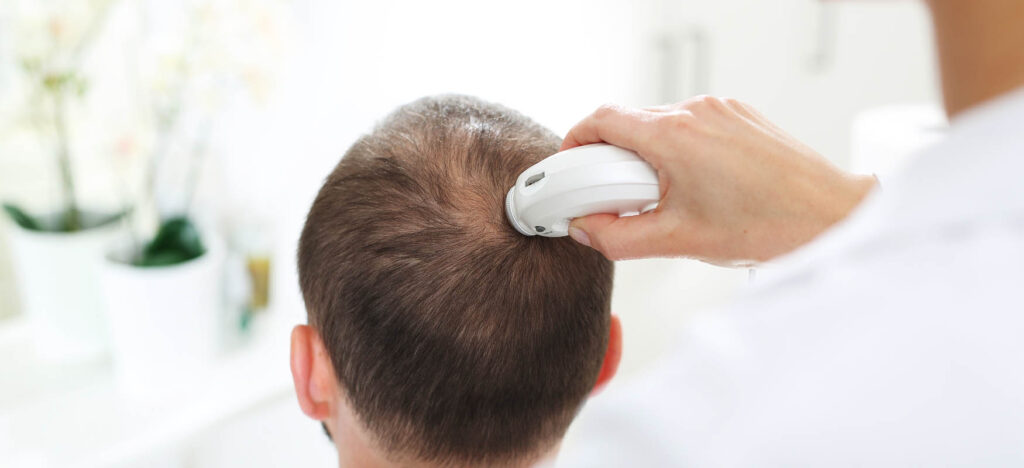 What does the hair and scalp examination look like?
